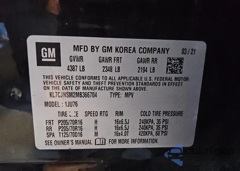 2021 Chevrolet Trax Ls из США, поврежденный, VIN KL7CJNSM2MB366704